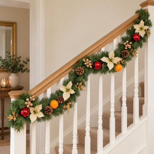 6ft Cream Red and Gold HL GG9 133G Christmas garland, banister UK lifestyle, Unlit