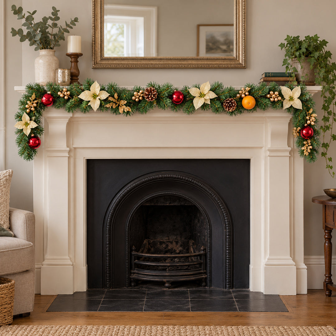 6ft Cream Red and Gold HL GG9 133G Christmas garland, hearth UK lifestyle, Unlit