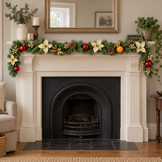 6ft Cream Red and Gold HL GG9 133G Christmas garland, hearth UK lifestyle, Unlit