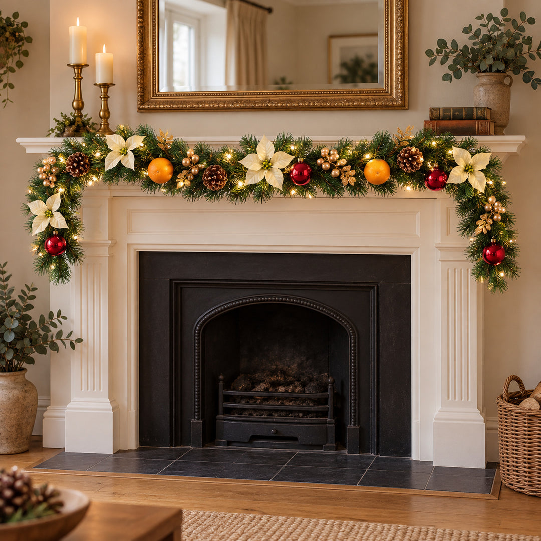 6ft Cream Red and Gold HL GG9 133G Christmas garland, hearth UK lifestyle, Warm White Lights