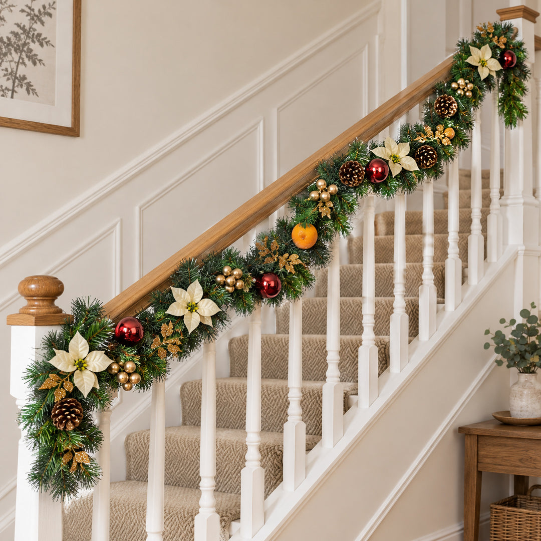 9ft Cream Red and Gold HL GG9 133G Christmas garland, banister UK lifestyle, Unlit