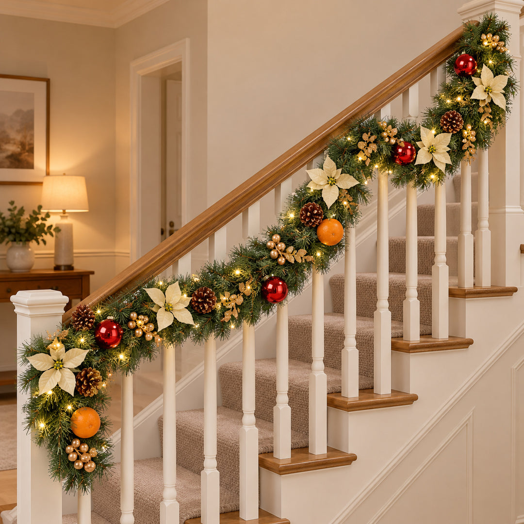9ft Cream Red and Gold HL GG9 133G Christmas garland, banister UK lifestyle, Warm White Lights