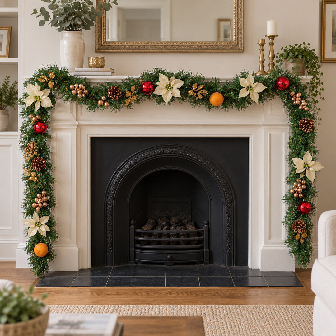 9ft Cream Red and Gold HL GG9 133G Christmas garland, hearth UK lifestyle, Unlit