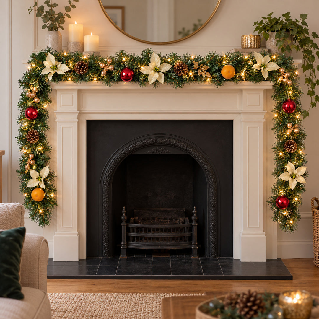 9ft Cream Red and Gold HL GG9 133G Christmas garland, hearth UK lifestyle, Warm White Lights