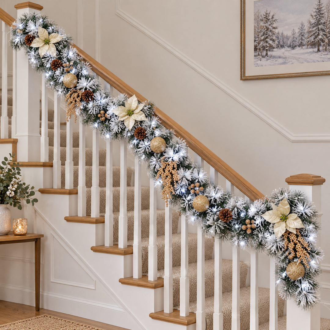 12ft Frosted Cream and Gold HL NG9 225GH Christmas garland, banister UK lifestyle, Bright White Lights, heavy frosting