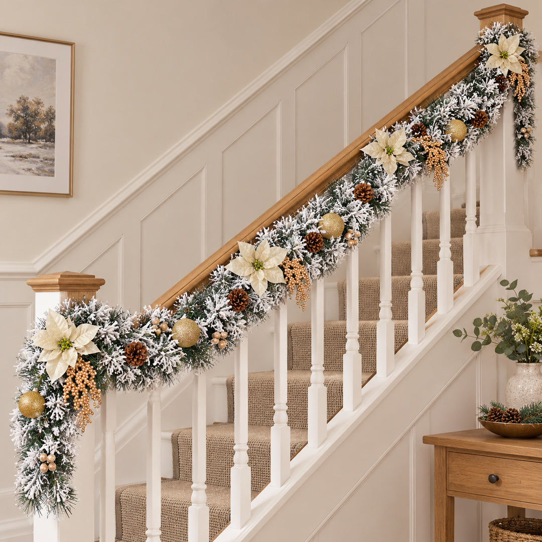 12ft Frosted Cream and Gold HL NG9 225GH Christmas garland, banister UK lifestyle, Unlit, heavy frosting
