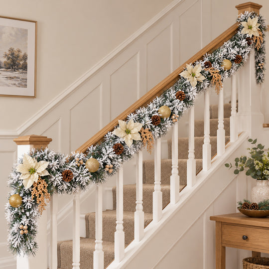 12ft Frosted Cream and Gold HL NG9 225GH Christmas garland, banister UK lifestyle, Unlit, heavy frosting