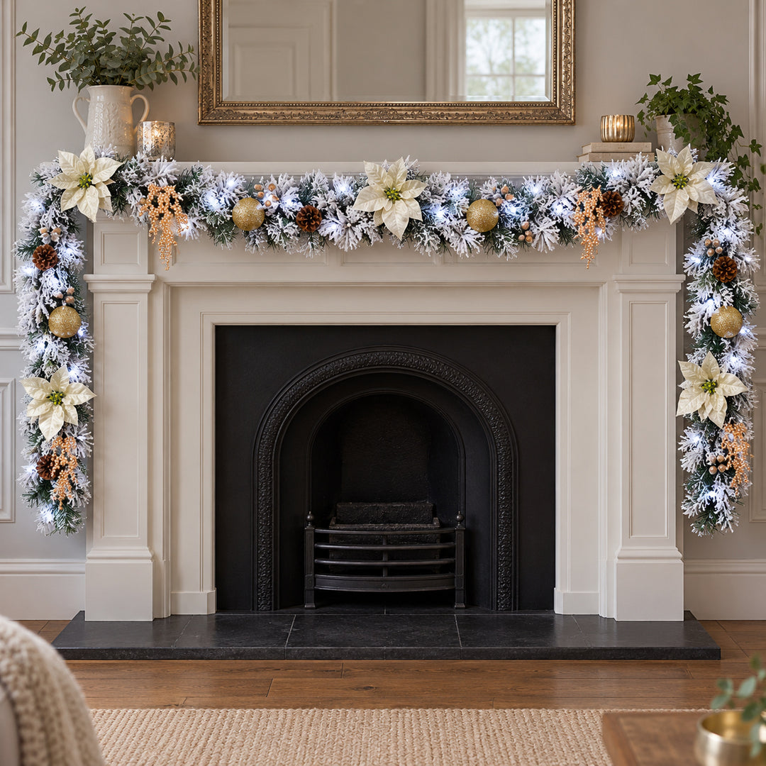 12ft Frosted Cream and Gold HL NG9 225GH Christmas garland, hearth UK lifestyle, Bright White Lights, heavy frosting