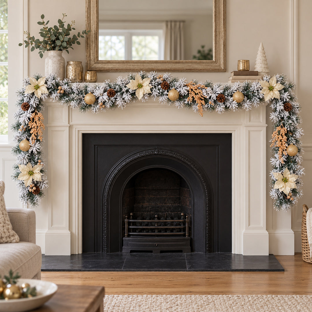 12ft Frosted Cream and Gold HL NG9 225GH Christmas garland, hearth UK lifestyle, Unlit, heavy frosting