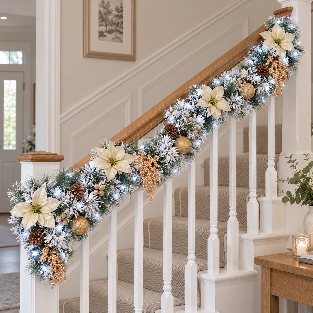 6ft Frosted Cream and Gold HL NG9 225GH Christmas garland, banister UK lifestyle, Bright White Lights, heavy frosting
