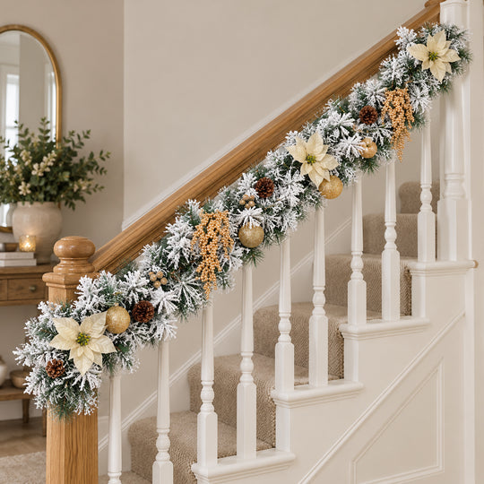 6ft Frosted Cream and Gold HL NG9 225GH Christmas garland, banister UK lifestyle, Unlit, heavy frosting