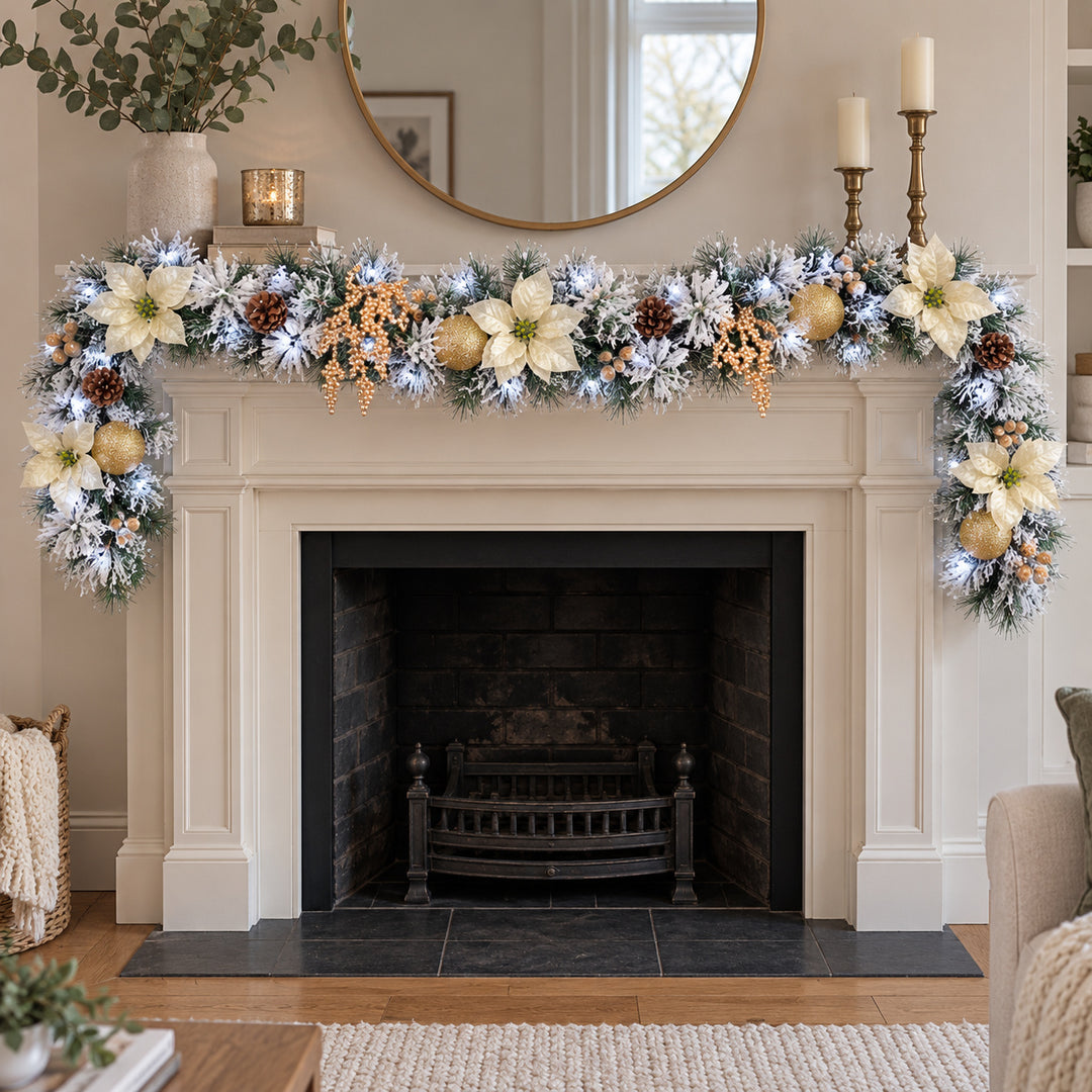 6ft Frosted Cream and Gold HL NG9 225GH Christmas garland, hearth UK lifestyle, Bright White Lights, heavy frosting