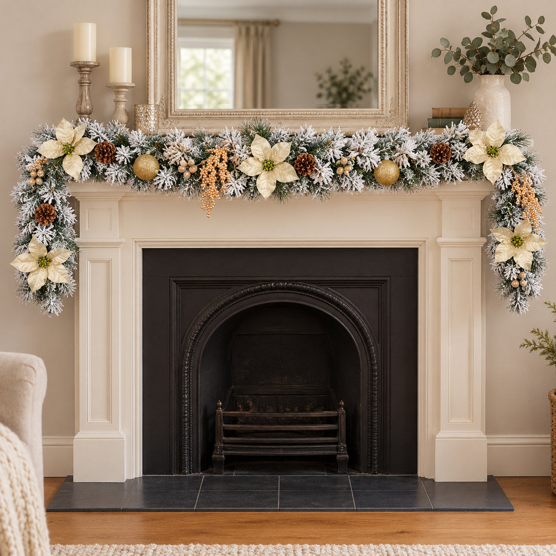 6ft Frosted Cream and Gold HL NG9 225GH Christmas garland, hearth UK lifestyle, Unlit, heavy frosting