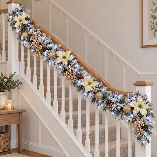 9ft Frosted Cream and Gold HL NG9 225GH Christmas garland, banister UK lifestyle, Bright White Lights, heavy frosting