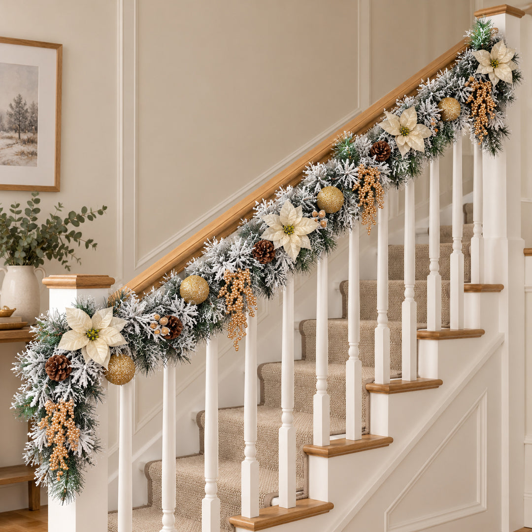 9ft Frosted Cream and Gold HL NG9 225GH Christmas garland, banister UK lifestyle, Unlit, heavy frosting