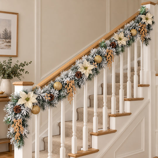 9ft Frosted Cream and Gold HL NG9 225GH Christmas garland, banister UK lifestyle, Unlit, heavy frosting