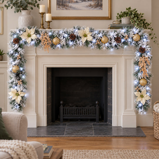 9ft Frosted Cream and Gold HL NG9 225GH Christmas garland, hearth UK lifestyle, Bright White Lights, heavy frosting