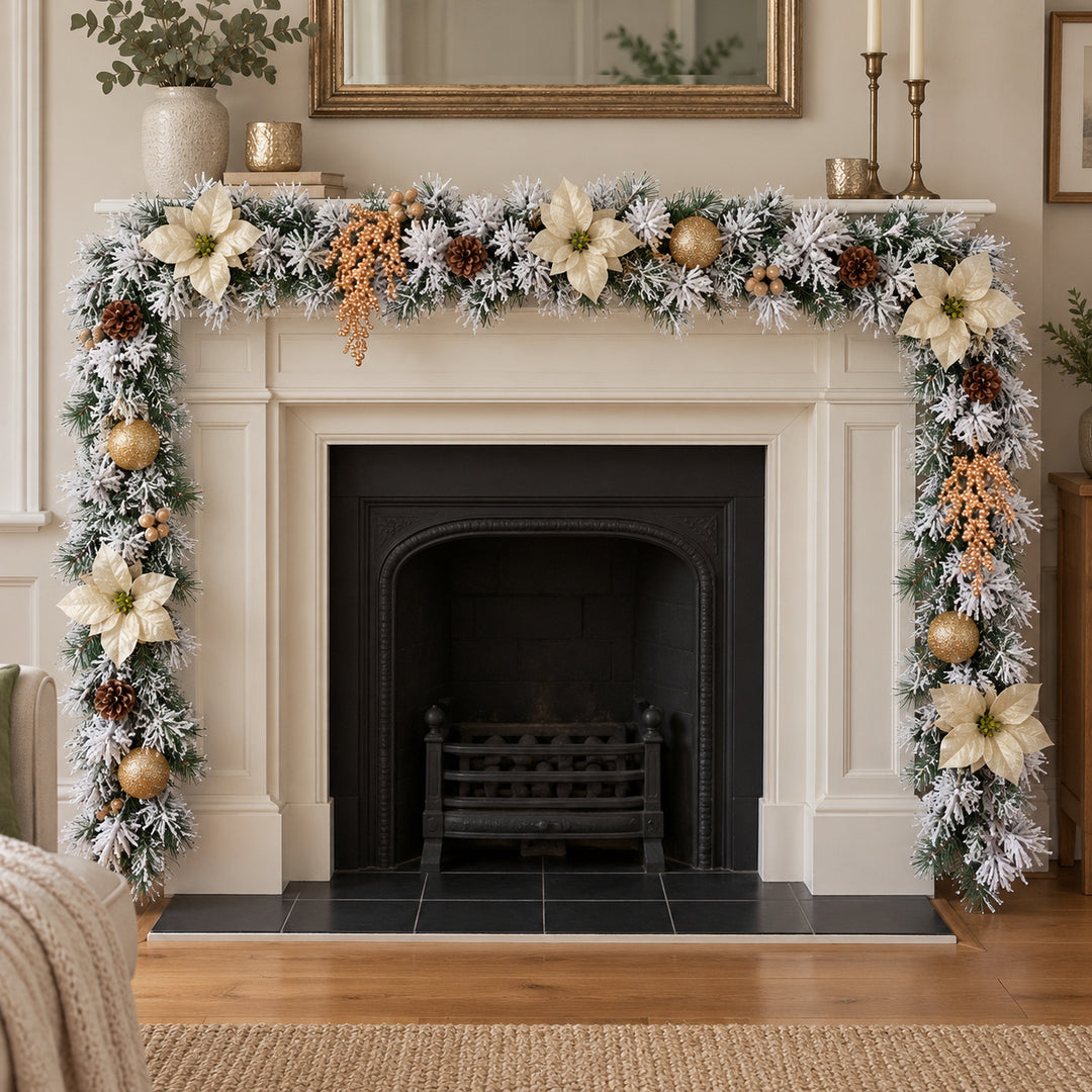 9ft Frosted Cream and Gold HL NG9 225GH Christmas garland, hearth UK lifestyle, Unlit, heavy frosting