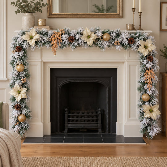 9ft Frosted Cream and Gold HL NG9 225GH Christmas garland, hearth UK lifestyle, Unlit, heavy frosting
