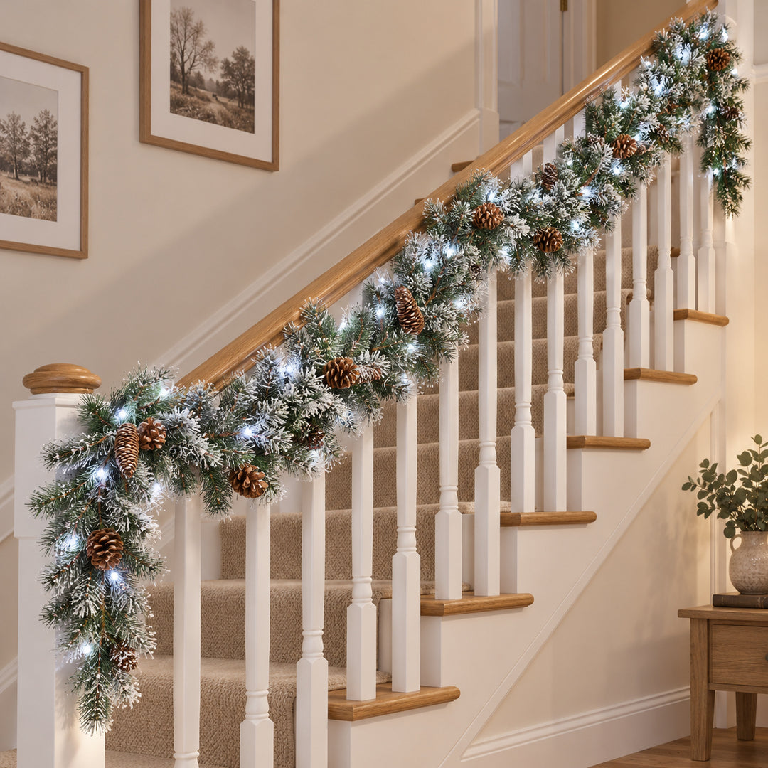 12ft Frosted Pinecones WX2E5373 Christmas garland, banister UK lifestyle, Bright White Lights, heavy frosting
