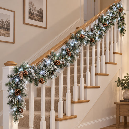 12ft Frosted Pinecones WX2E5373 Christmas garland, banister UK lifestyle, Bright White Lights, heavy frosting