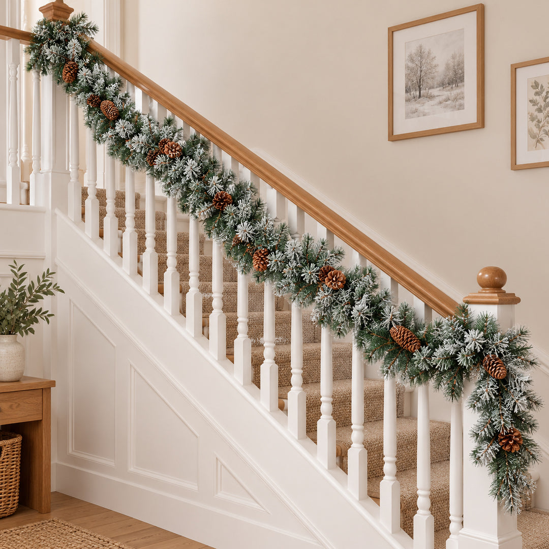 12ft Frosted Pinecones WX2E5373 Christmas garland, banister UK lifestyle, Unlit, heavy frosting