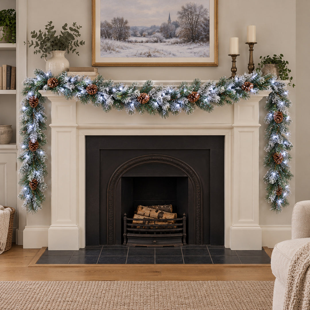 12ft Frosted Pinecones WX2E5373 Christmas garland, hearth UK lifestyle, Bright White Lights, heavy frosting