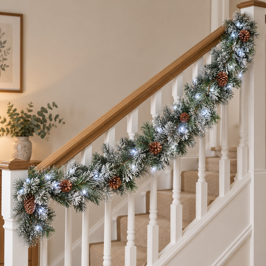 6ft Frosted Pinecones WX2E5373 Christmas garland, banister UK lifestyle, Bright White Lights, heavy frosting