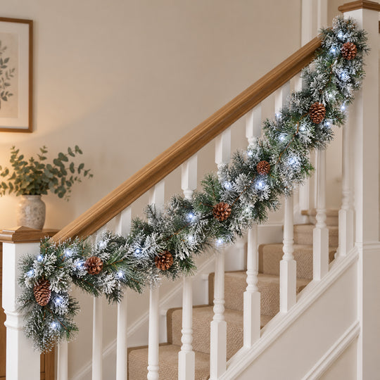 6ft Frosted Pinecones WX2E5373 Christmas garland, banister UK lifestyle, Bright White Lights, heavy frosting
