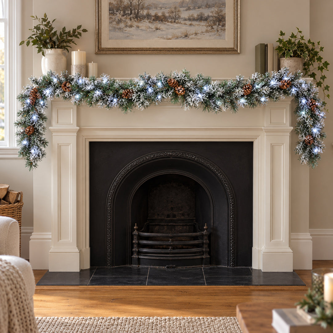 6ft Frosted Pinecones WX2E5373 Christmas garland, hearth UK lifestyle, Bright White Lights, heavy frosting