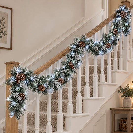 9ft Frosted Pinecones WX2E5373 Christmas garland, banister UK lifestyle, Bright White Lights, heavy frosting