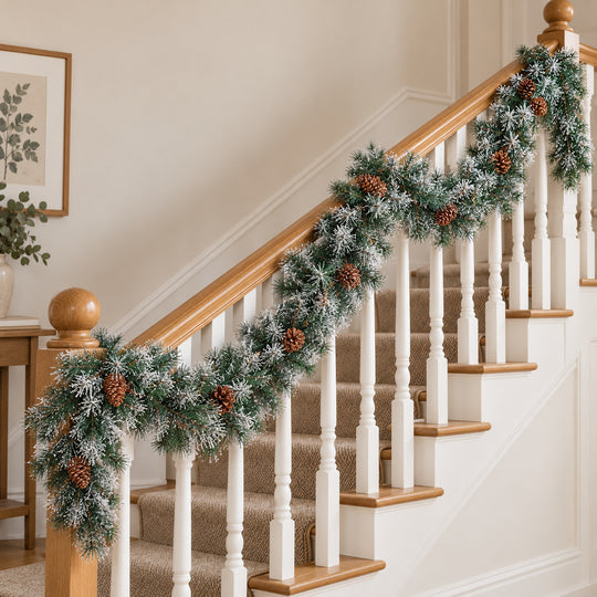 9ft Frosted Pinecones WX2E5373 Christmas garland, banister UK lifestyle, Unlit, heavy frosting