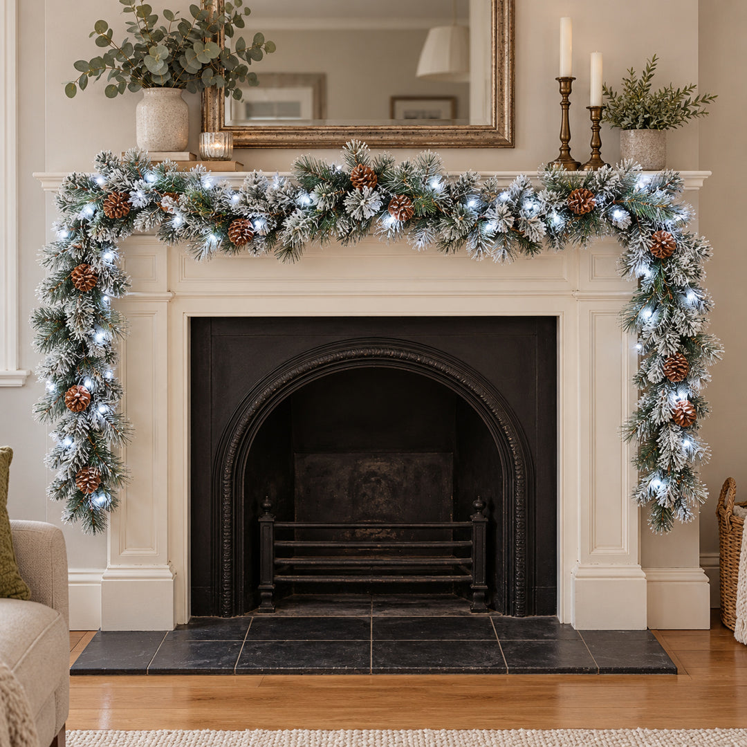 9ft Frosted Pinecones WX2E5373 Christmas garland, hearth UK lifestyle, Bright White Lights, heavy frosting