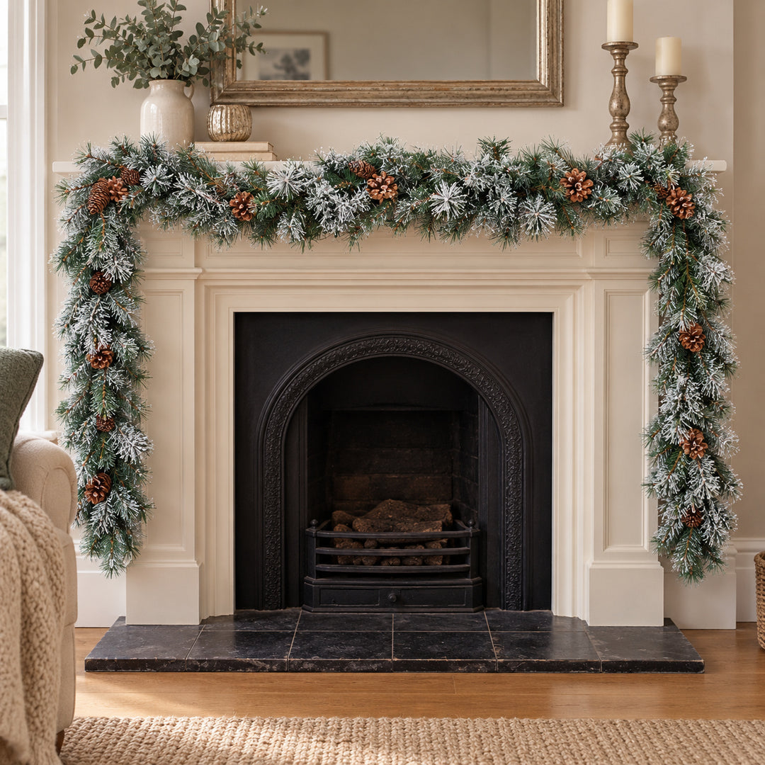 9ft Frosted Pinecones WX2E5373 Christmas garland, hearth UK lifestyle, Unlit, heavy frosting