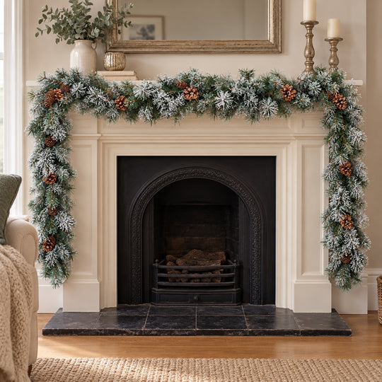 9ft Frosted Pinecones WX2E5373 Christmas garland, hearth UK lifestyle, Unlit, heavy frosting