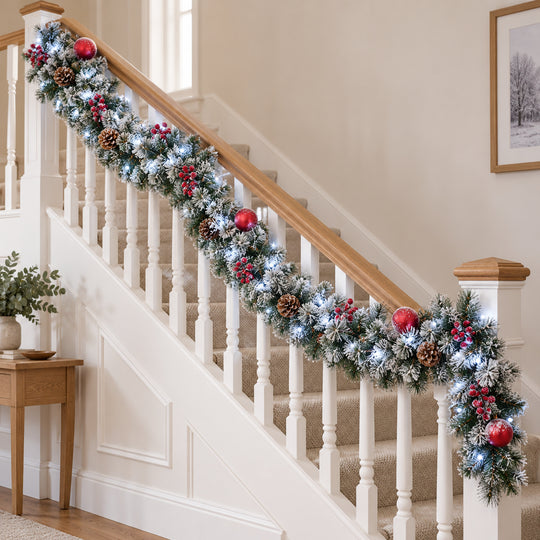 12ft Frosted Red Baubles WX2E5353 Christmas garland, banister UK lifestyle, Bright White Lights, heavy frosting