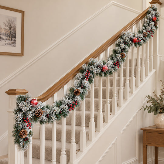 12ft Frosted Red Baubles WX2E5353 Christmas garland, banister UK lifestyle, Unlit, heavy frosting