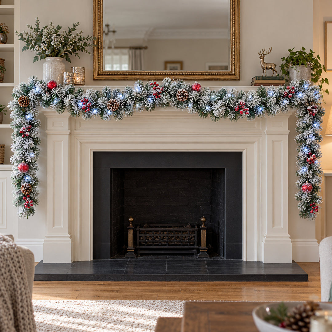 12ft Frosted Red Baubles WX2E5353 Christmas garland, hearth UK lifestyle, Bright White Lights, heavy frosting