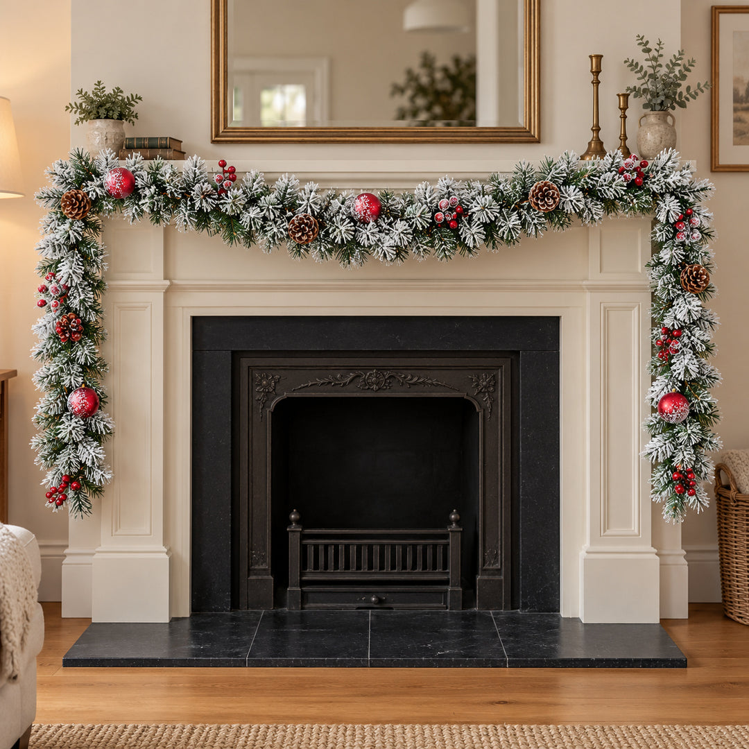 12ft Frosted Red Baubles WX2E5353 Christmas garland, hearth UK lifestyle, Unlit, heavy frosting