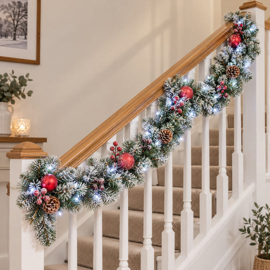 6ft Frosted Red Baubles WX2E5353 Christmas garland, banister UK lifestyle, Bright White Lights, heavy frosting