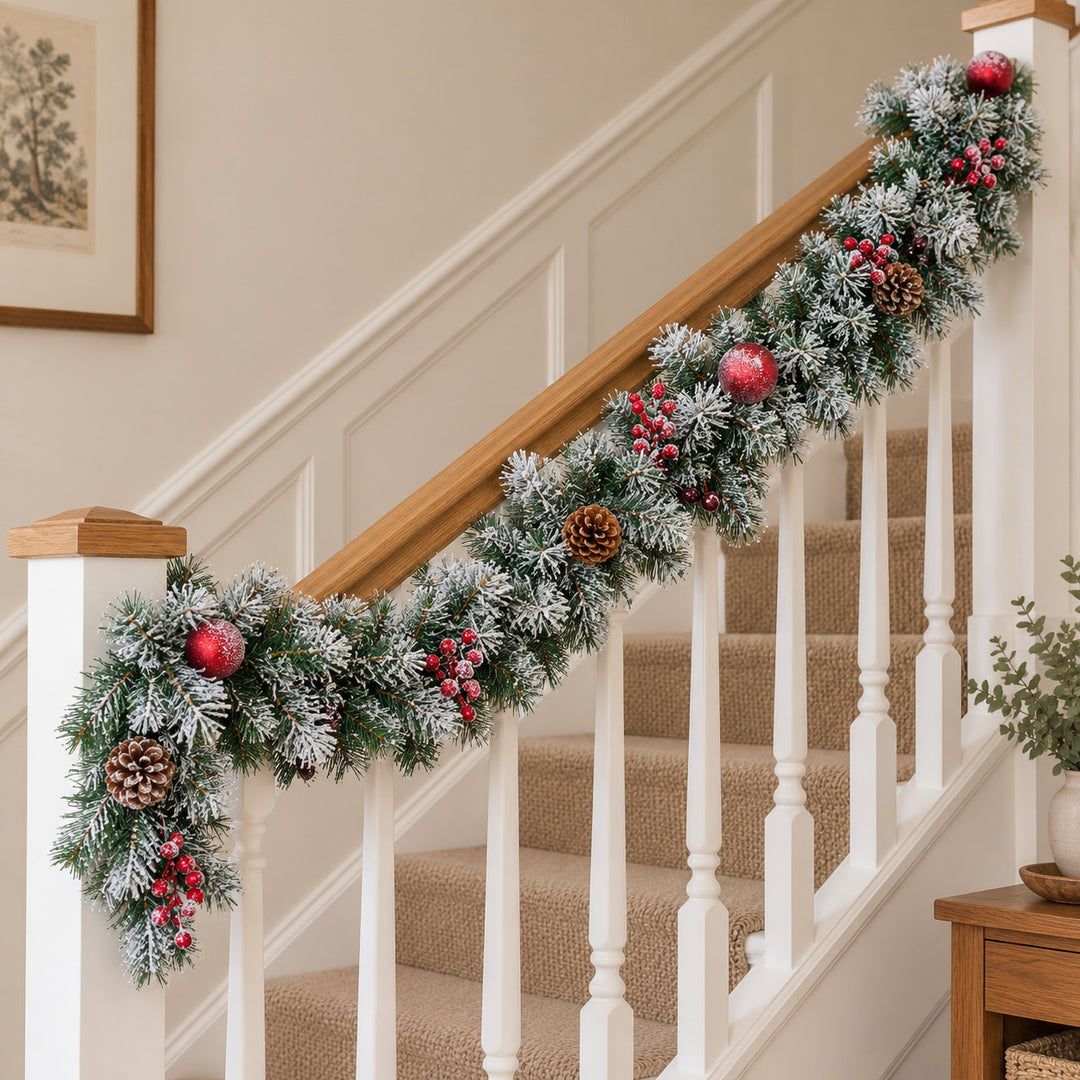 6ft Frosted Red Baubles WX2E5353 Christmas garland, banister UK lifestyle, Unlit, heavy frosting