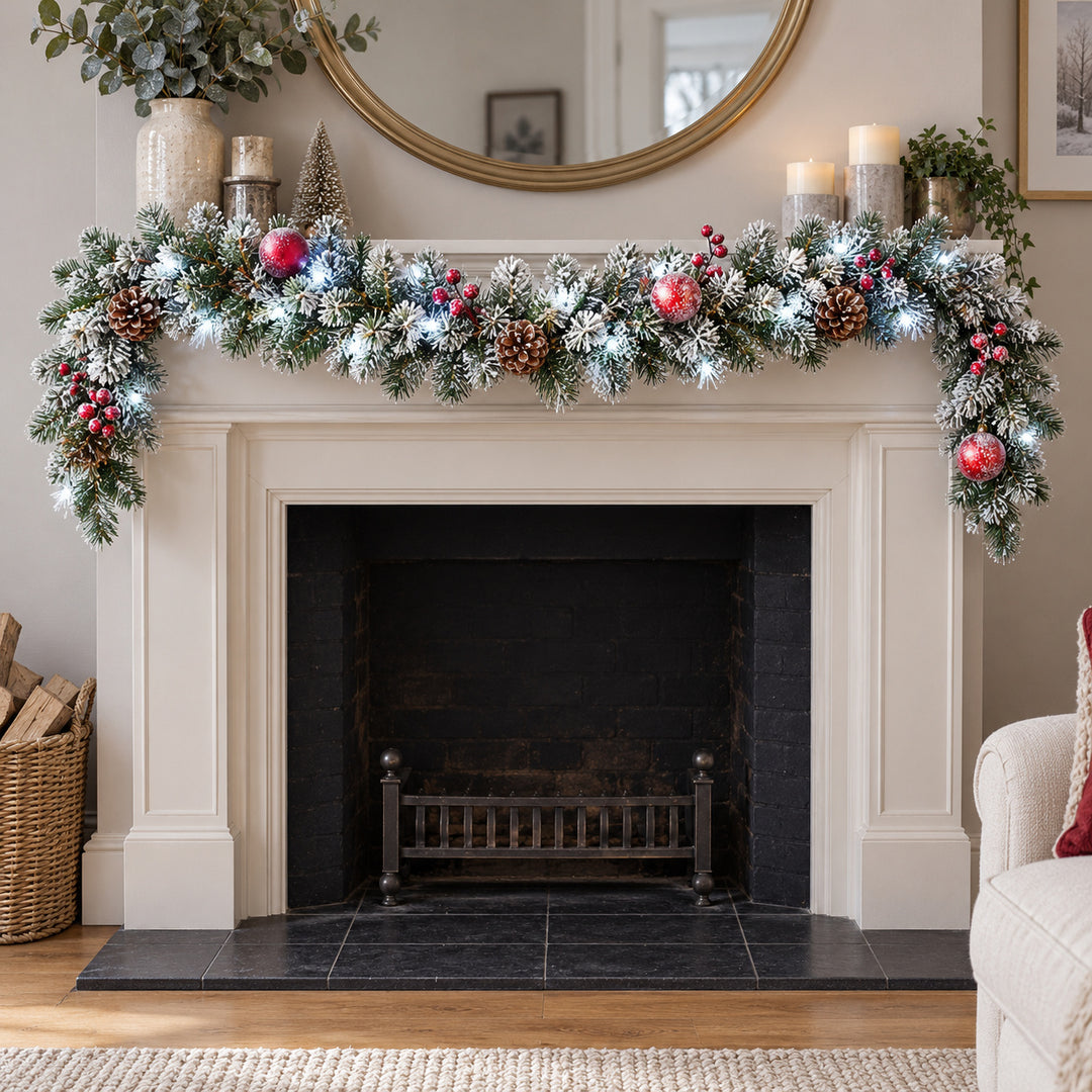 6ft Frosted Red Baubles WX2E5353 Christmas garland, hearth UK lifestyle, Bright White Lights, heavy frosting