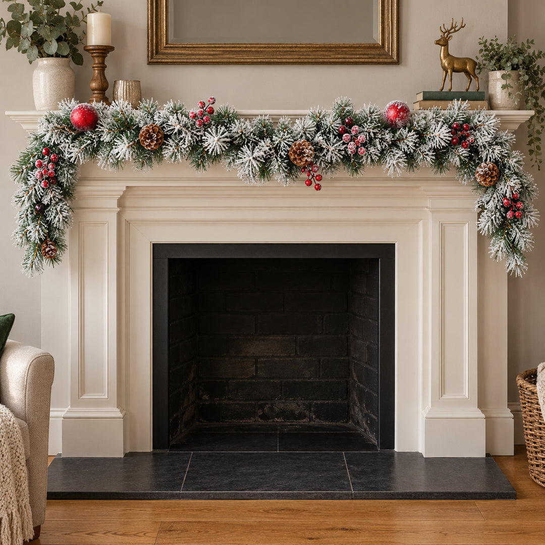 6ft Frosted Red Baubles WX2E5353 Christmas garland, hearth UK lifestyle, Unlit, heavy frosting