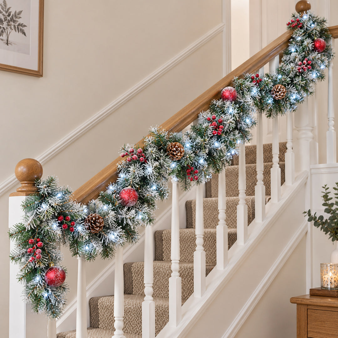 9ft Frosted Red Baubles WX2E5353 Christmas garland, banister UK lifestyle, Bright White Lights, heavy frosting