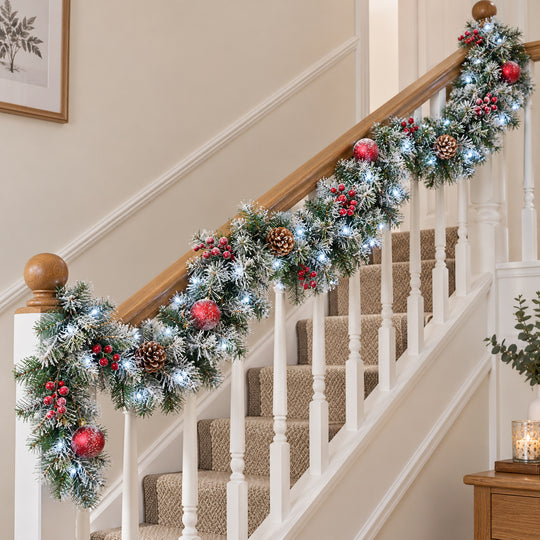 9ft Frosted Red Baubles WX2E5353 Christmas garland, banister UK lifestyle, Bright White Lights, heavy frosting