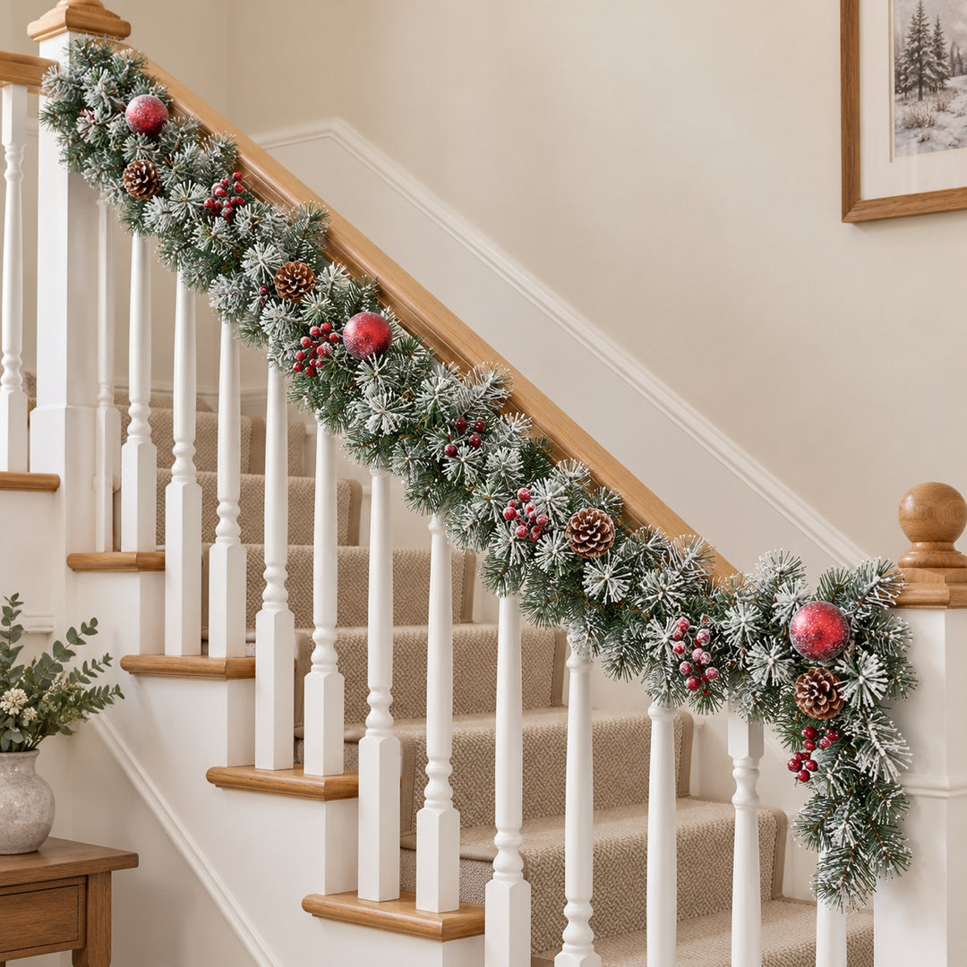 9ft Frosted Red Baubles WX2E5353 Christmas garland, banister UK lifestyle, Unlit, heavy frosting