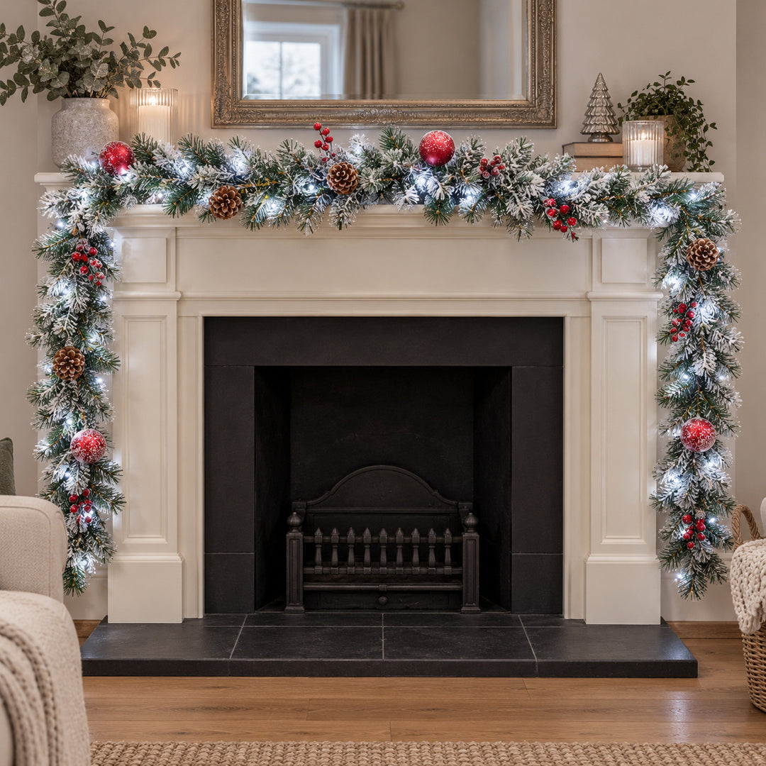 9ft Frosted Red Baubles WX2E5353 Christmas garland, hearth UK lifestyle, Bright White Lights, heavy frosting