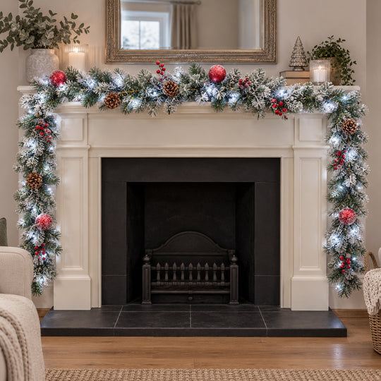 9ft Frosted Red Baubles WX2E5353 Christmas garland, hearth UK lifestyle, Bright White Lights, heavy frosting