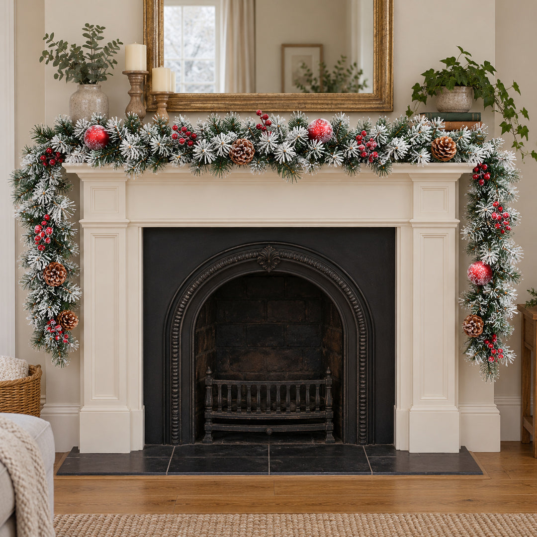 9ft Frosted Red Baubles WX2E5353 Christmas garland, hearth UK lifestyle, Unlit, heavy frosting