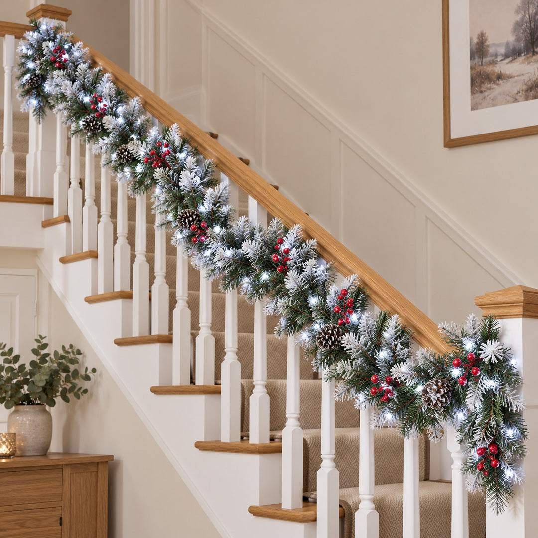12ft Frosted Red Berries WX2E4752 Christmas garland, banister UK lifestyle, Bright White Lights, heavy frosting